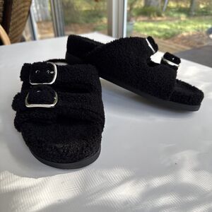 DV Dolce Vita Aldon Chunky Black Faux Shearling Slide Buckle Sandals 9.5 READ